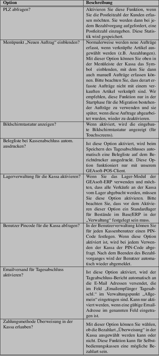 \begin{table}\begin{tabularx}{\textwidth}{\vert l\vert X\vert}
\hline
\textbf{Op...
...assen eine mögliche Bezahlart sein.\\
\hline
\hline
\end{tabularx}
\end{table}
