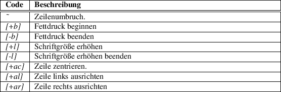 \begin{table}\begin{tabularx}{\textwidth}{\vert l\vert X\vert}
\hline
\textbf{Co...
...e
\textit{[+ar]} & Zeile rechts ausrichten \\
\hline
\end{tabularx}
\end{table}