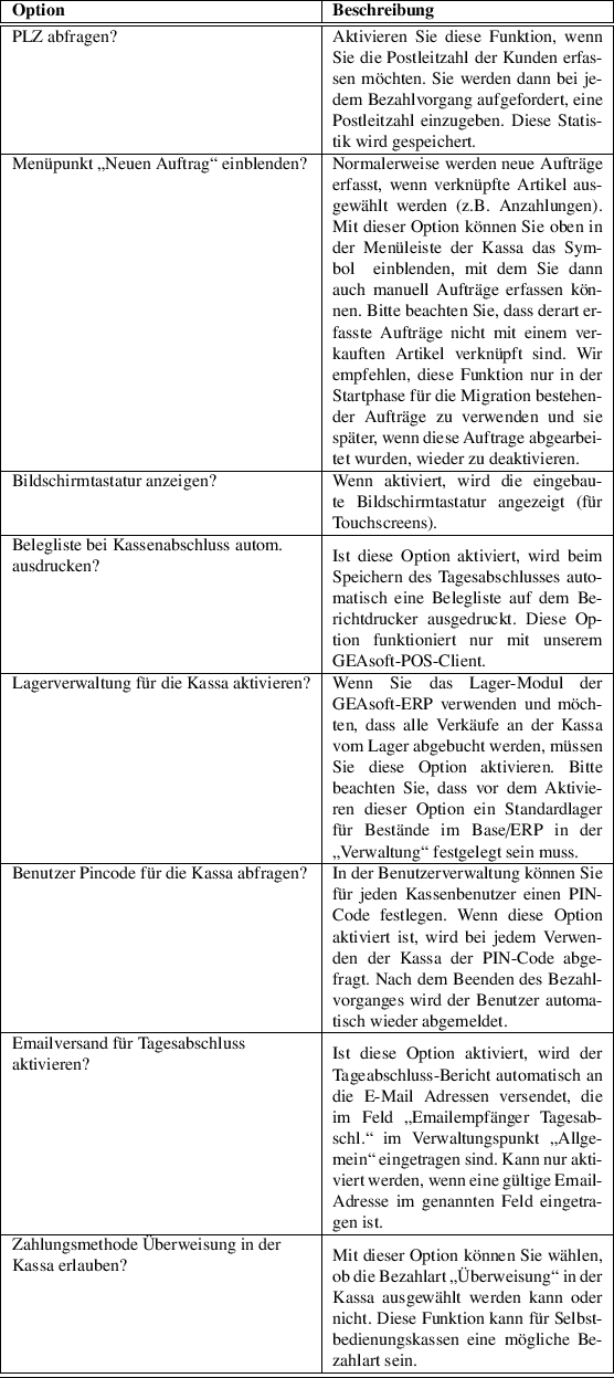 \begin{table}\begin{tabularx}{\textwidth}{\vert l\vert X\vert}
\hline
\textbf{Op...
...assen eine mögliche Bezahlart sein.\\
\hline
\hline
\end{tabularx}
\end{table}