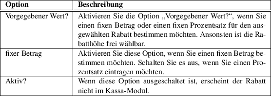 \begin{table}\begin{tabularx}{\textwidth}{\vert l\vert X\vert}
\hline
\textbf{Op...
...heint der Rabatt nicht im Kassa-Modul.\\
\par
\hline
\end{tabularx}
\end{table}